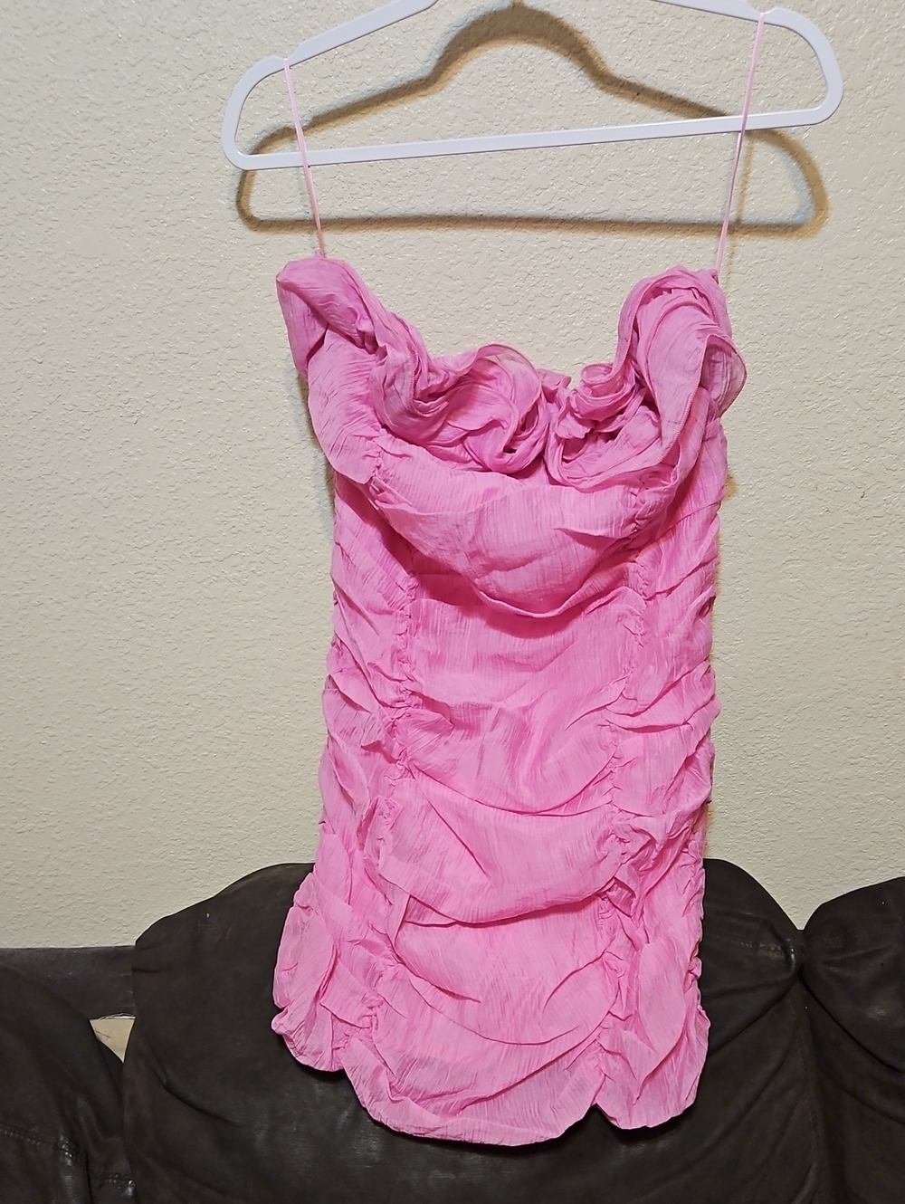 white birch Pink Strapless Ruffle Mini Dress